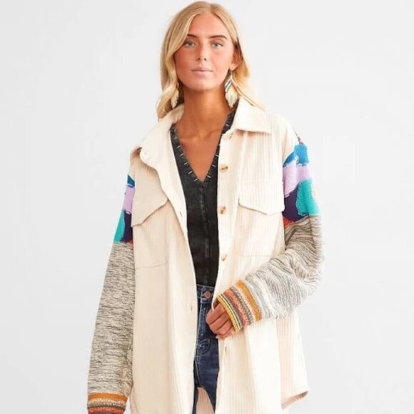 A. Peach Size Small Yellow Tan Corduroy and Multi Colored Sweater Shacket - Picture 11 of 14